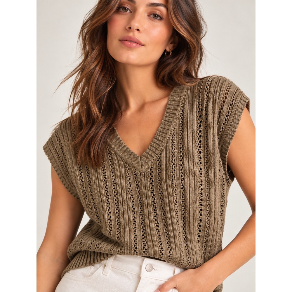 Joie Womens Olive Pointelle Knit V-Neck Sweater Vest Small Cotton Blend